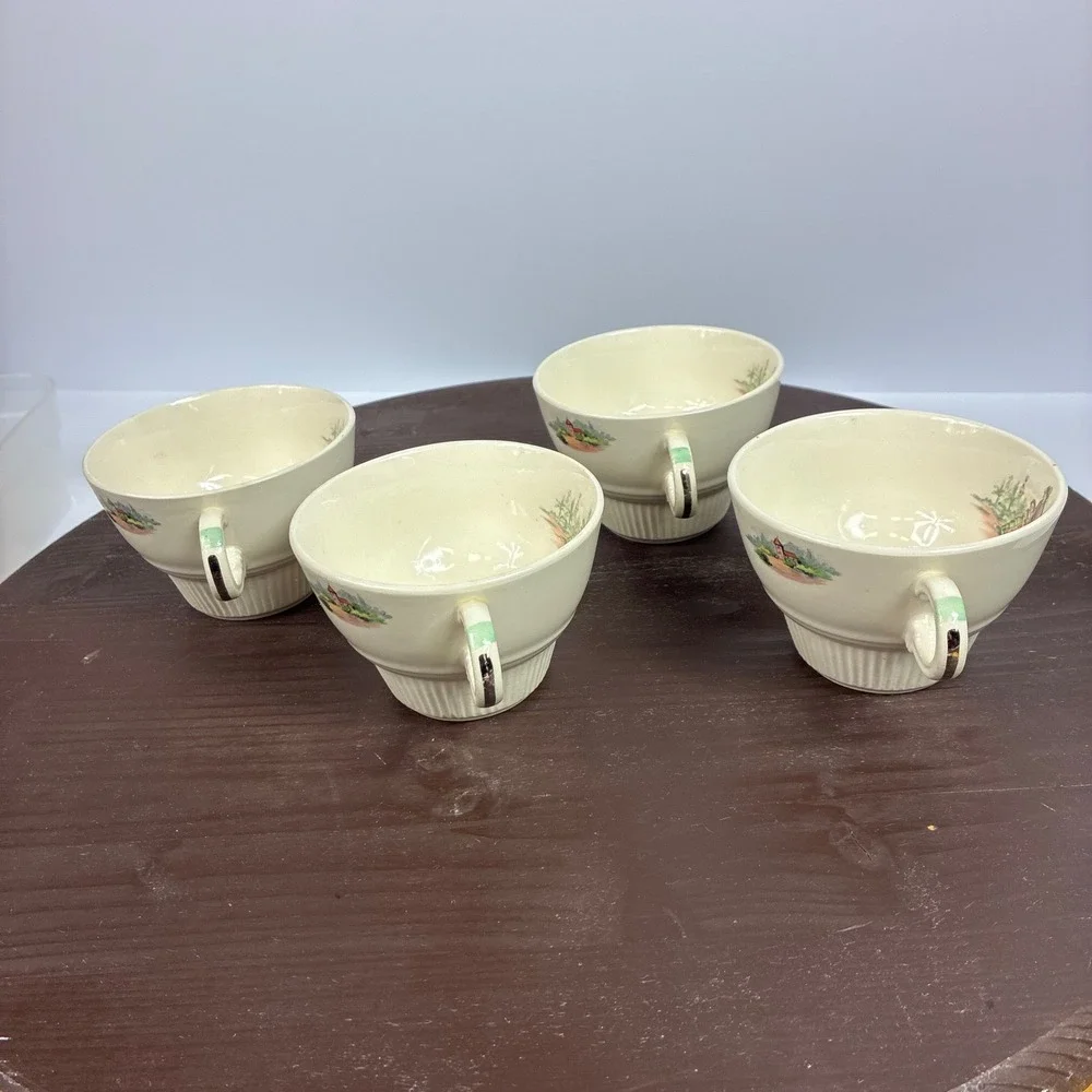 Vintage Salem China Godey Prints Demitasse Teacups Victory Ribbed Shape Set of 4